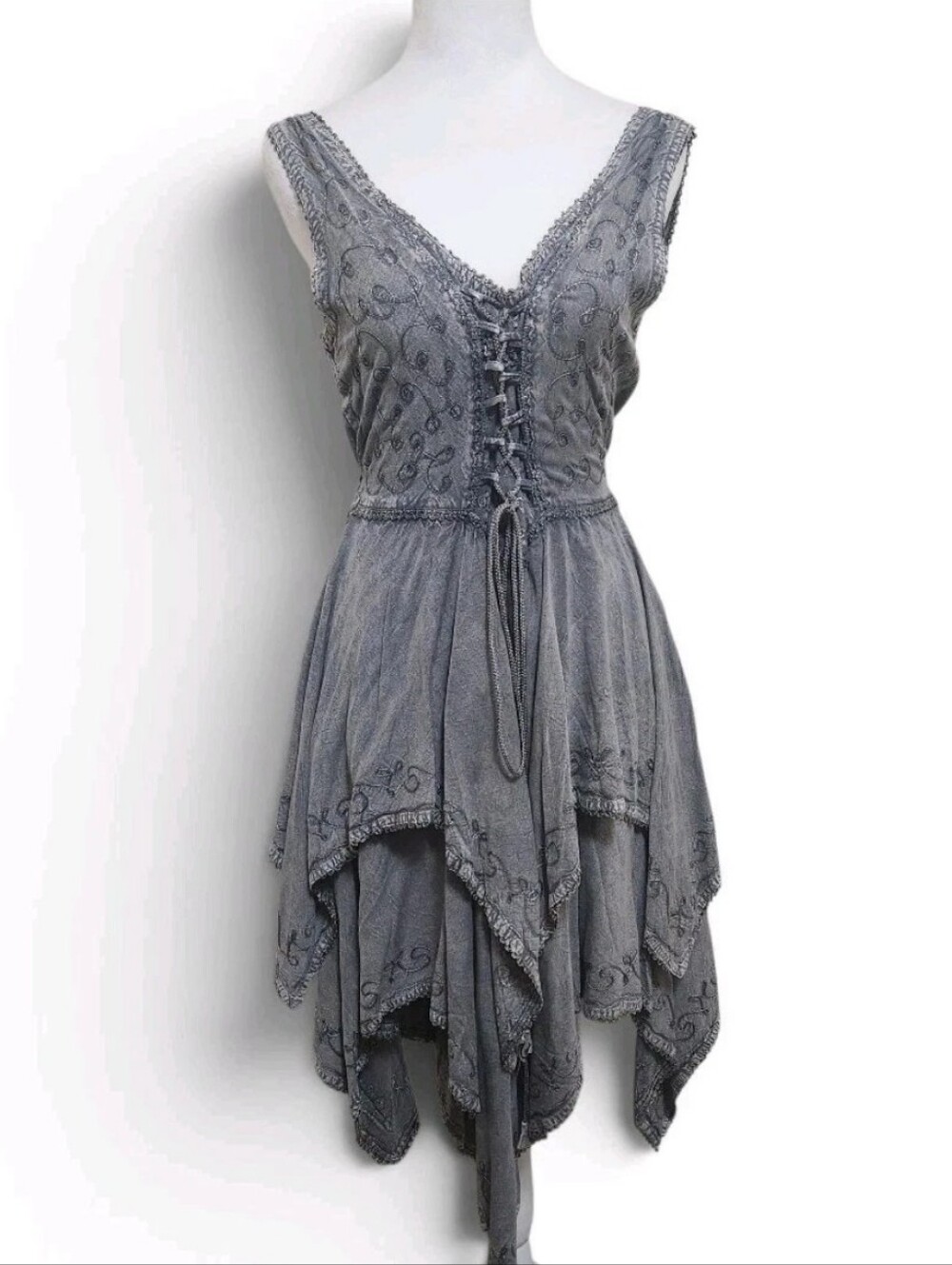 FLOWER Dress Boho Fairycore Ren Faire Handkerchief Hem Gray Embroidered Corset